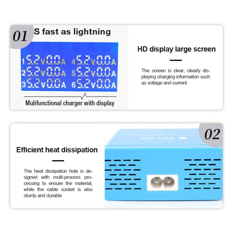 RELIFE RL-304P 6 Port Smart Digital Display Fast Charger Mobile Phone PD3.0+QC3.0 USB Charging Pile(EU Plug) - Multifunction Charger by RELIFE | Online Shopping UK | buy2fix