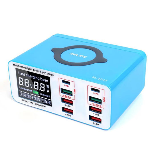 RELIFE RL-304S Multifunctional Smart Digital Display 8 Port Fast Charger USB Support PD+QC3.0 Mobile Phone Charger(US Plug)