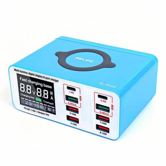 RELIFE RL-304S Multifunctional Smart Digital Display 8 Port Fast Charger USB Support PD+QC3.0 Mobile Phone Charger(EU Plug)