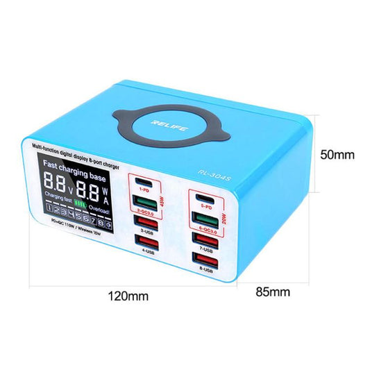 RELIFE RL-304S Multifunctional Smart Digital Display 8 Port Fast Charger USB Support PD+QC3.0 Mobile Phone Charger(US Plug) - Multifunction Charger by RELIFE | Online Shopping UK | buy2fix