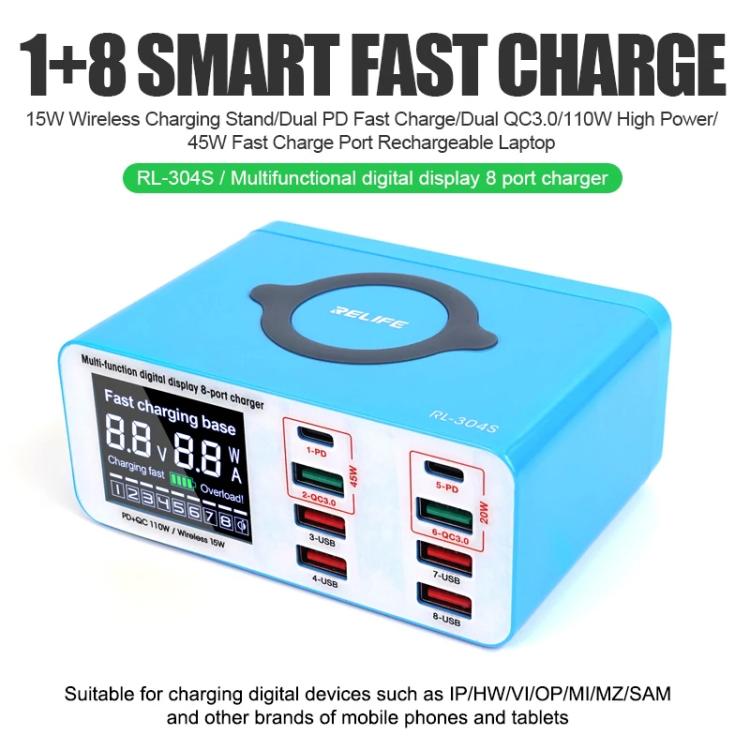 RELIFE RL-304S Multifunctional Smart Digital Display 8 Port Fast Charger USB Support PD+QC3.0 Mobile Phone Charger(EU Plug) - Multifunction Charger by RELIFE | Online Shopping UK | buy2fix