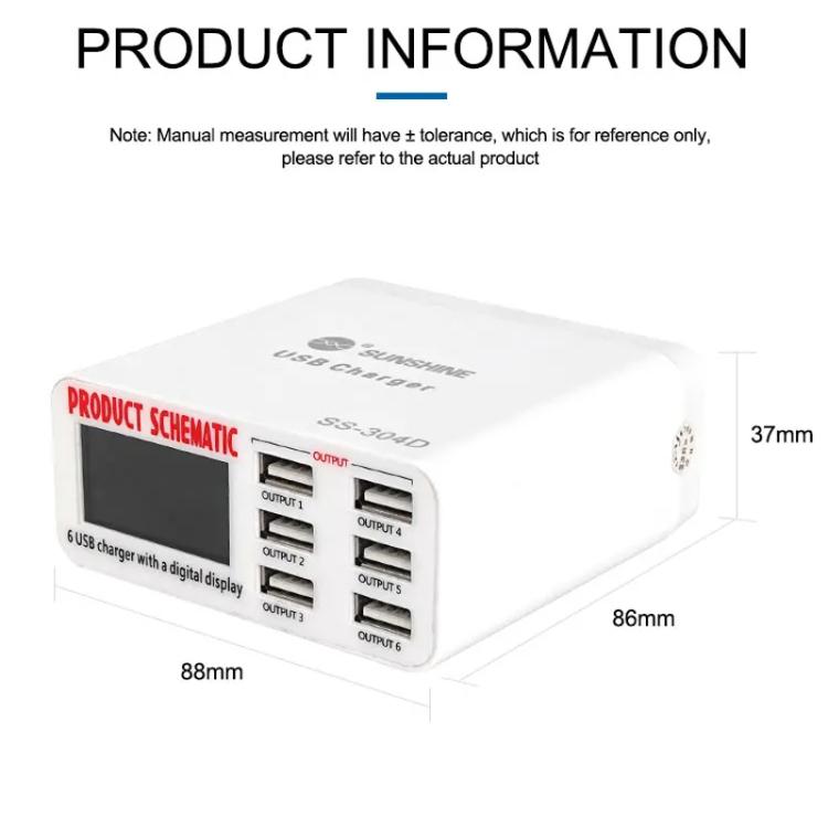 SUNSHINE SS-304D 6-Port USB Smart Charger Multi-Port Digital Display Fast Charging For Mobile Phone(US Plug) - Multifunction Charger by SUNSHINE | Online Shopping UK | buy2fix