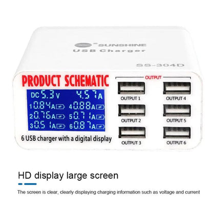 SUNSHINE SS-304D 6-Port USB Smart Charger Multi-Port Digital Display Fast Charging For Mobile Phone(US Plug) - Multifunction Charger by SUNSHINE | Online Shopping UK | buy2fix