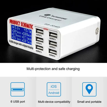 SUNSHINE SS-304D 6-Port USB Smart Charger Multi-Port Digital Display Fast Charging For Mobile Phone(EU Plug) - Multifunction Charger by SUNSHINE | Online Shopping UK | buy2fix