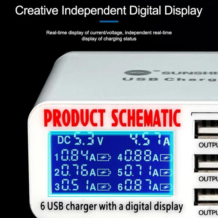 SUNSHINE SS-304D 6-Port USB Smart Charger Multi-Port Digital Display Fast Charging For Mobile Phone(US Plug) - Multifunction Charger by SUNSHINE | Online Shopping UK | buy2fix