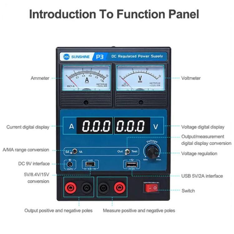 SUNSHINE P3 DC Regulated Power Supply 5V/8.4V/15V Switching Mobile Phone Repair Regulated Power Supply Meter(EU Plug 220V) - Power Supply by SUNSHINE | Online Shopping UK | buy2fix
