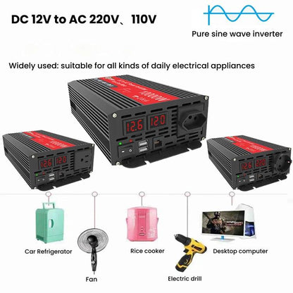Gurxun 1500W Dual USB Fast Charger Dual Digital Display Pure Sine Wave Inverter, Spec: Brazil Plug 12V To 220V - Pure Sine Wave by Gurxun | Online Shopping UK | buy2fix