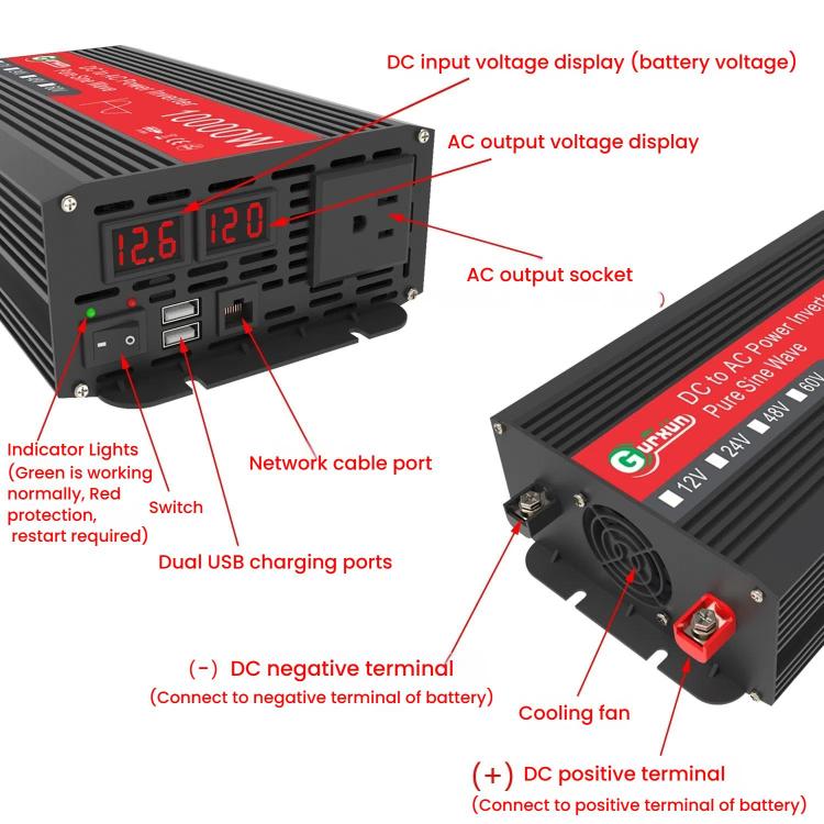 Gurxun 1500W Dual USB Fast Charger Dual Digital Display Pure Sine Wave Inverter, Spec: Brazil Plug 12V To 110V - Pure Sine Wave by Gurxun | Online Shopping UK | buy2fix