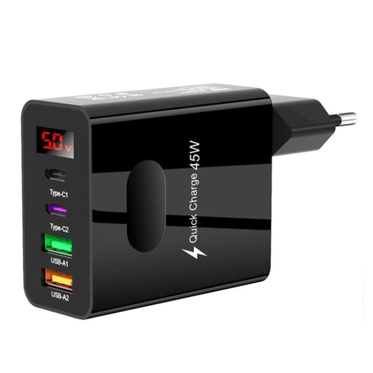 2 USB+2 Type-C Digital Display Mobile Phone Multi-port Charger, Color: EU Plug Black - USB Charger by buy2fix | Online Shopping UK | buy2fix