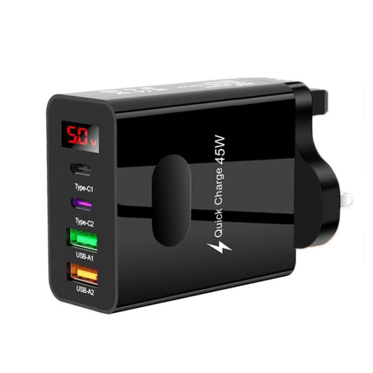 2 USB+2 Type-C Digital Display Mobile Phone Multi-port Charger, Color: UK Plug Black - USB Charger by buy2fix | Online Shopping UK | buy2fix