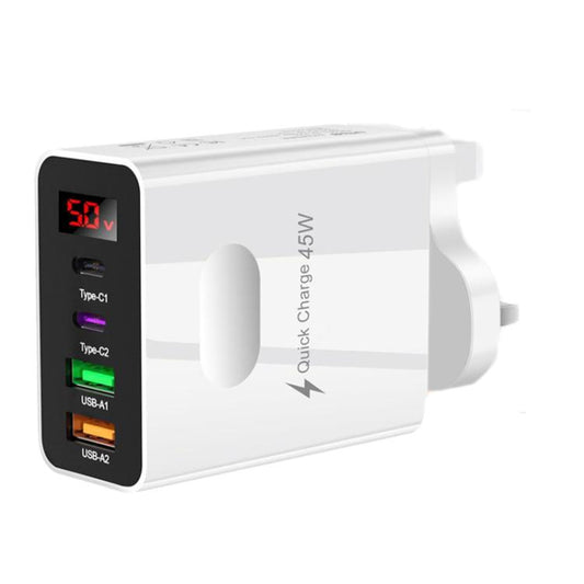 2 USB+2 Type-C Digital Display Mobile Phone Multi-port Charger, Color: UK Plug White - USB Charger by buy2fix | Online Shopping UK | buy2fix