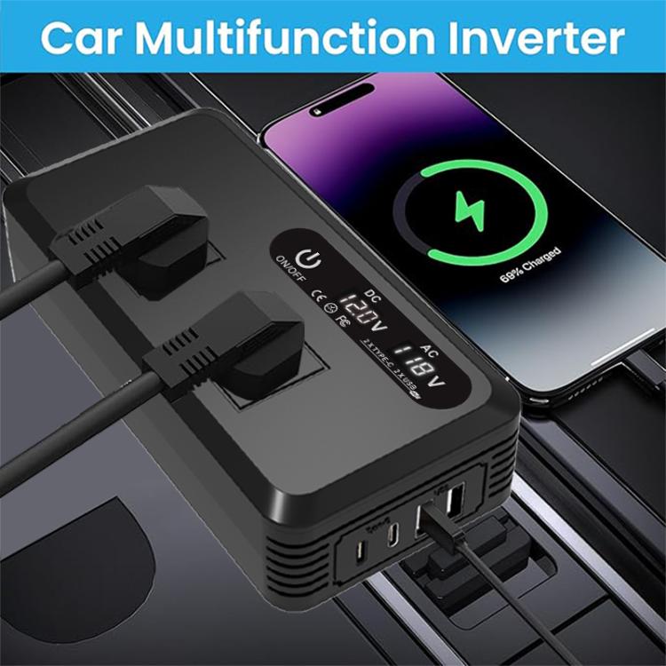 Gurxun Dual Digital Display Car Inverter With 2 USB+2 Type-C Ports US Plug 110V - Modified Square Wave by Gurxun | Online Shopping UK | buy2fix