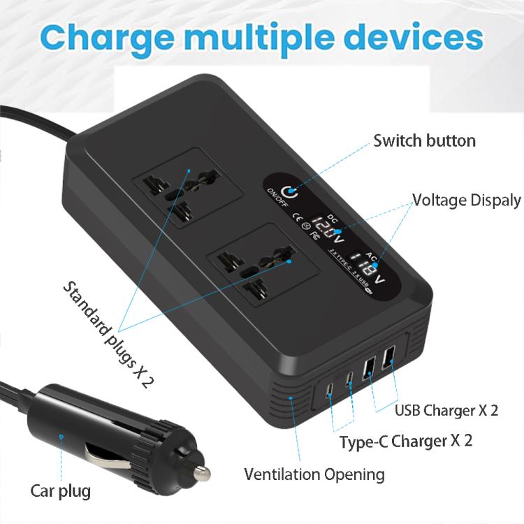 Gurxun Dual Digital Display Car Inverter With 2 USB+2 Type-C Ports Brazil Plug 110V - Modified Square Wave by Gurxun | Online Shopping UK | buy2fix