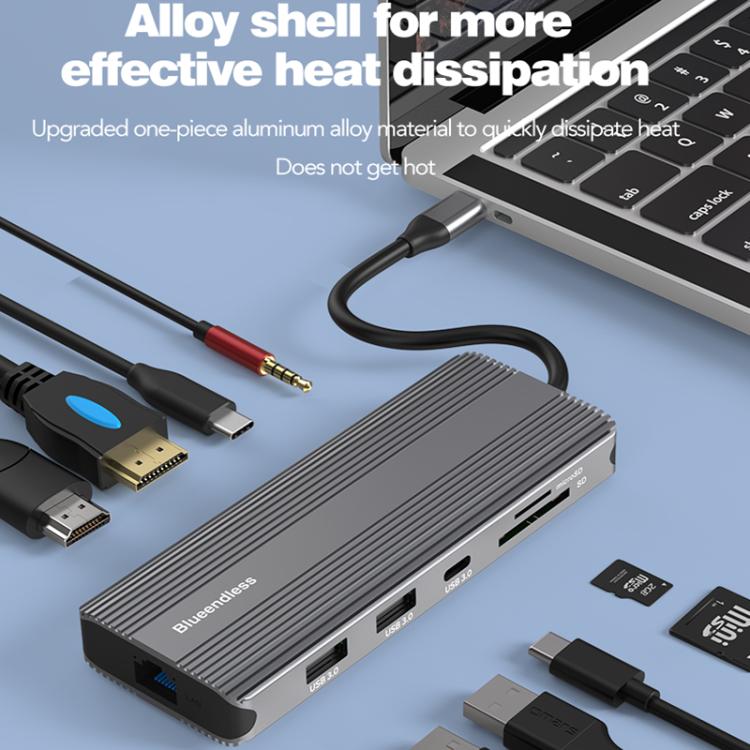 10-in-1 Dual HDMI 8K+4K Blueendless Multifunctional Type-C HD Gigabit Network Docking Station - USB HUB by Blueendless | Online Shopping UK | buy2fix