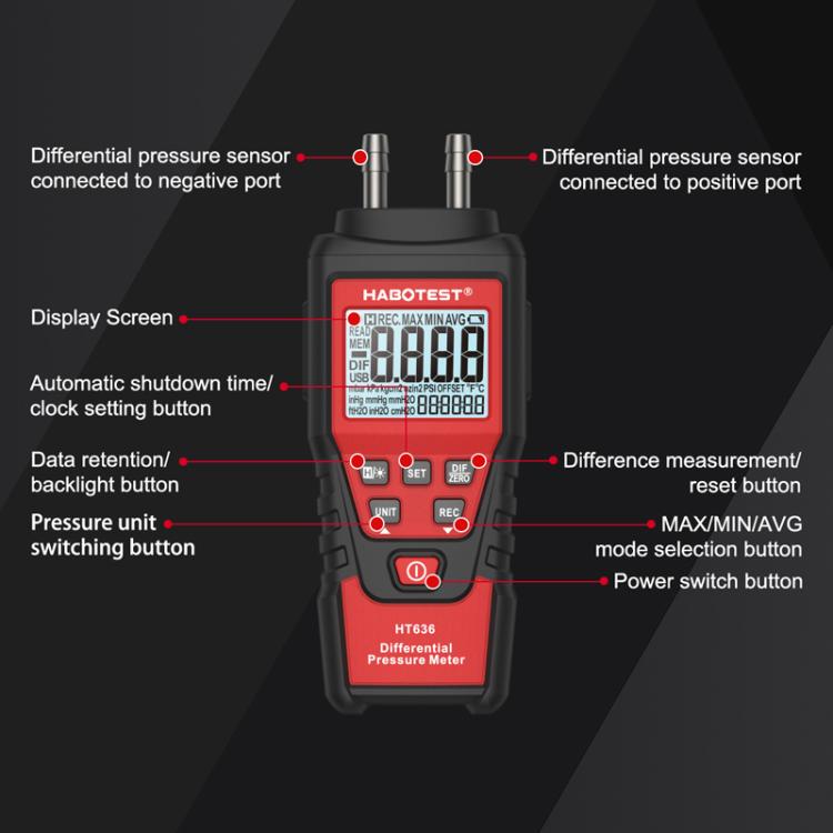 HABOTEST HT636 Highly Precision Differential Pressure Gauge Digital Micropressure Tester - Current & Voltage Tester by HABOTEST | Online Shopping UK | buy2fix