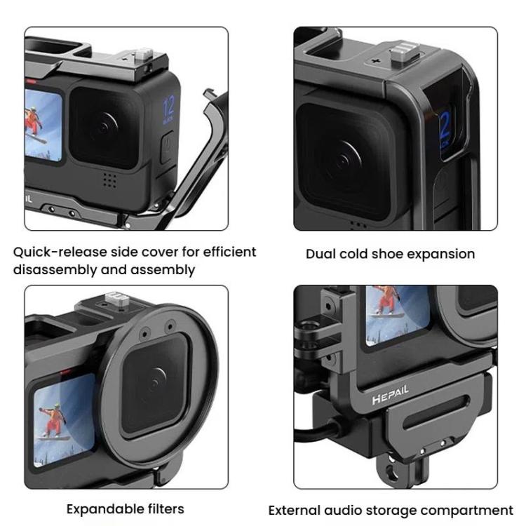 For GoPro HERO12 Black /11 Black /10 Black /9 Black HEPAIL C-G12 Metal Rabbit Cage With Dual Cold Shoe Connector - Metal Cases by HEPAIL | Online Shopping UK | buy2fix