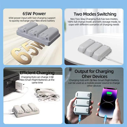 For DJI Neo Battery LKTOP Three-Way Charger 65W Fast Charging Hub(Gray) - Other by LKTOP | Online Shopping UK | buy2fix