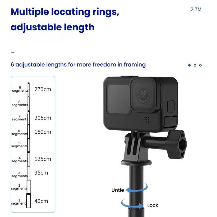 TELESIN Gen 2 2.7m Carbon Fiber Selfie Stick Sports Camera Extension Rod For GoPro HERO13 Black / Insta360(Black) - Extendable Pole by TELESIN | Online Shopping UK | buy2fix