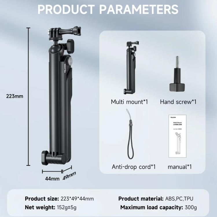 TELESIN Tri-folding Tripod For Sports Camera Mobile Phone Selfie Stand Desktop Fixed Bracket(Black) - Extendable Pole by TELESIN | Online Shopping UK | buy2fix