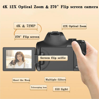 4K 72MP 12X Optical Zoom Student Digital Camera WiFi HD Video Camera With 3 Inch Flip Screen(Black) - Video Cameras by buy2fix | Online Shopping UK | buy2fix