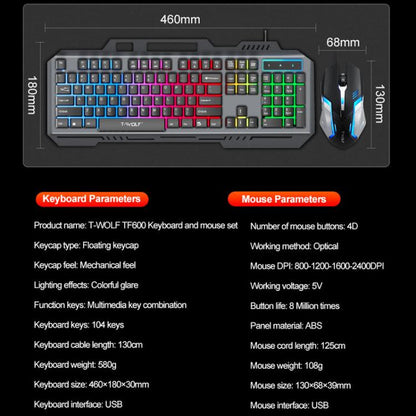 T-WOLF TF600 104-Key Wired Backlit Keyboard and Mouse Combo with Metal Panel & Phone Stand(Black) - Wired Keyboard by T-WOLF | Online Shopping UK | buy2fix