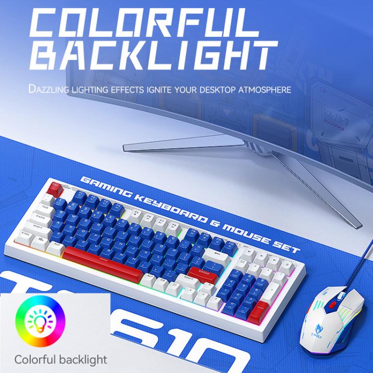 T-WOLF  TF610 USB-C/Type-C Wired 98 Keys Keyboard and Mouse Combo Dual-Tone Keycaps Gaming Set(Blue White) - Wired Keyboard by T-WOLF | Online Shopping UK | buy2fix