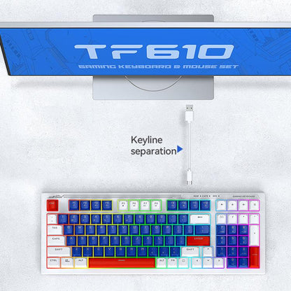T-WOLF  TF610 USB-C/Type-C Wired 98 Keys Keyboard and Mouse Combo Dual-Tone Keycaps Gaming Set(Blue White) - Wired Keyboard by T-WOLF | Online Shopping UK | buy2fix