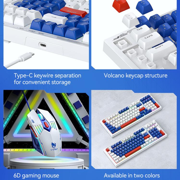 T-WOLF  TF610 USB-C/Type-C Wired 98 Keys Keyboard and Mouse Combo Dual-Tone Keycaps Gaming Set(White Blue) - Wired Keyboard by T-WOLF | Online Shopping UK | buy2fix