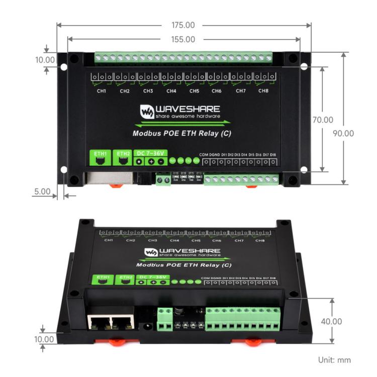 Waveshare Industrial Dual Ethernet Ports 8-ch Relay Module(C), PoE Power Supply(30544) - Relay Module by Waveshare | Online Shopping UK | buy2fix