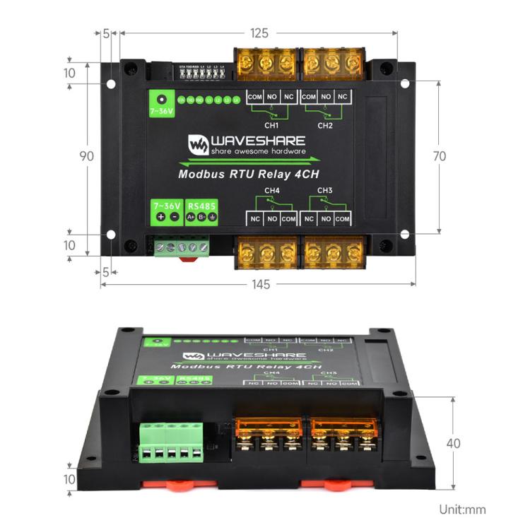 Waveshare Guide-Type 4-Way RS485 High-Current Relay Module, Modbus RTU Protocol(30461) - Relay Module by Waveshare | Online Shopping UK | buy2fix