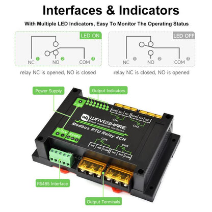 Waveshare Guide-Type 4-Way RS485 High-Current Relay Module, Modbus RTU Protocol(30461) - Relay Module by Waveshare | Online Shopping UK | buy2fix