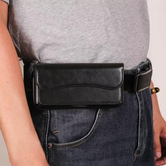 7.2 Inch Horizontal Leather Belt Loop Cell Phone Holster Magnetic Snap Closure Waist Pack(Black)