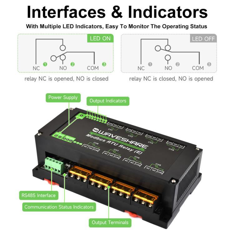 Waveshare Modbus RTU Protocol Rail-Mounted Case 8-Way RS485 30A High-Current Relay Module(30459) - Relay Module by Waveshare | Online Shopping UK | buy2fix