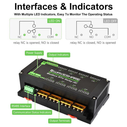 Waveshare Modbus RTU Protocol Rail-Mounted Case 8-Way RS485 30A High-Current Relay Module(30459) - Relay Module by Waveshare | Online Shopping UK | buy2fix