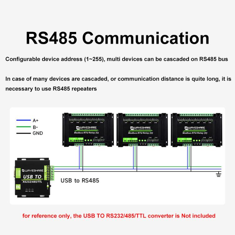 Waveshare Modbus RTU Protocol 8-Ch Latching Relay Module (C) With RS485 Interface(30460) - Relay Module by Waveshare | Online Shopping UK | buy2fix