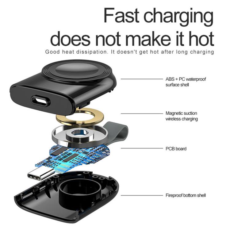For Apple Watch 1/2/3/4/5/6/7/8/9/10/SE Portable Magnetic Wireless Charger Type-C Smart Wireless Charger(Black) - Charger / Holder by buy2fix | Online Shopping UK | buy2fix