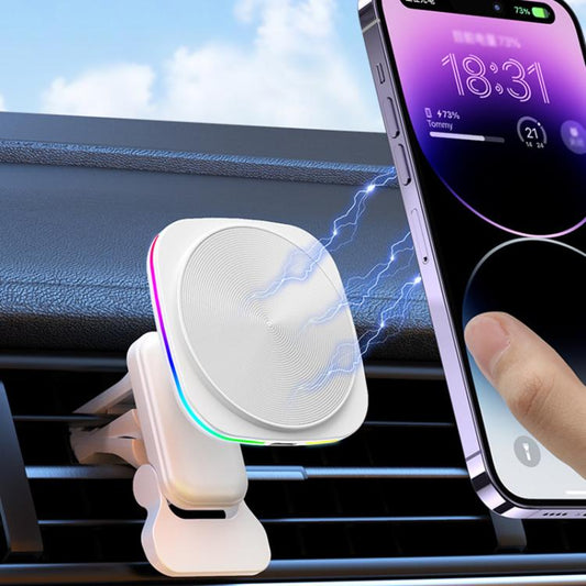 For IPhone 12-16 Cell Phone Car Magnetic Wireless Charger Car Air Vent Holder Fast Charger RGB Light (White) - Wireless Charger Holders by buy2fix | Online Shopping UK | buy2fix