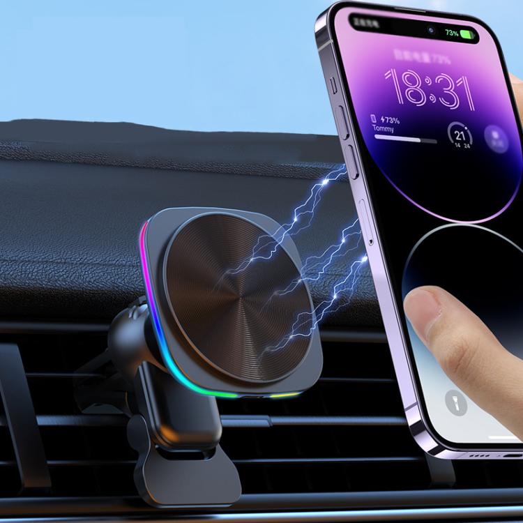 For IPhone 12-16 Cell Phone Car Magnetic Wireless Charger Car Air Vent Holder Fast Charger RGB Light (Black) - Wireless Charger Holders by buy2fix | Online Shopping UK | buy2fix