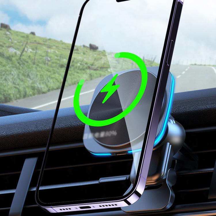 For IPhone 12-16 Cell Phone Car Magnetic Wireless Charger Car Air Vent Holder Fast Charger RGB Light (Black) - Wireless Charger Holders by buy2fix | Online Shopping UK | buy2fix