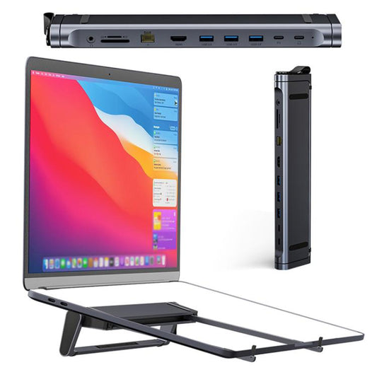9 In 1 Hub Computer Stand Aluminum Alloy Folding PD Fast Charging With LAN Docking Station Laptop Bracket(Dark Metallic Color) - Laptop Stand by buy2fix | Online Shopping UK | buy2fix