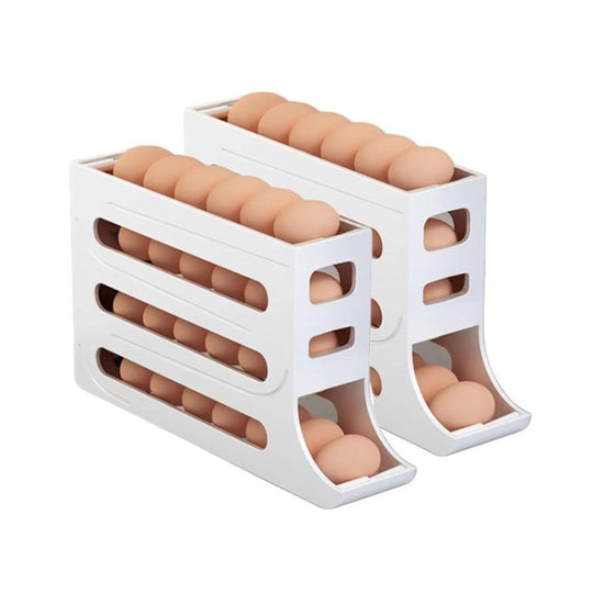 2pcs Kitchen Eggs Organizer 4-layer Slide Refrigerator Eggs Rack Automatic Rolling Tray Drop-proof Carton(White)