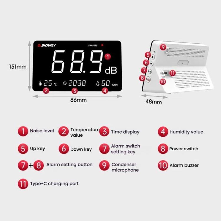 SNDWAY SW-525S Desktop Noise Meter Temperature and Humidity Meter Decibel Meter Environmental Noise Monitor - Light & Sound Meter by SNDWAY | Online Shopping UK | buy2fix