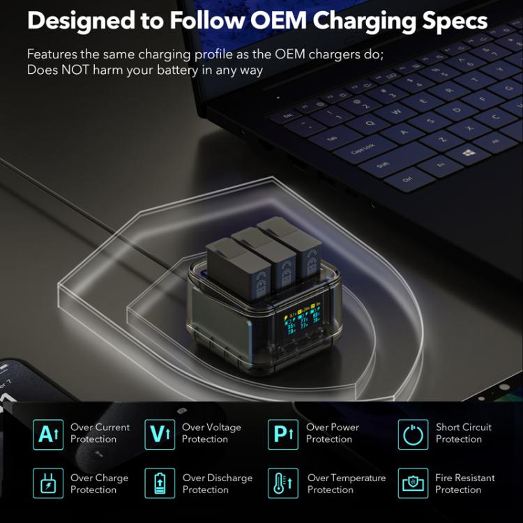 For GoPro HERO13 Black Super Fast Charger Dock Battery Charging Station With OLED Screen Display(Transparent Black) - Charger by buy2fix | Online Shopping UK | buy2fix