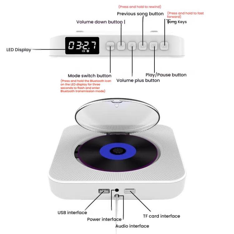 Kecag KC-807 Wall-mounted Home Retro Bluetooth CD Player, Spec: UK Plug(White) - DVD & LCD Player by Kecag | Online Shopping UK | buy2fix