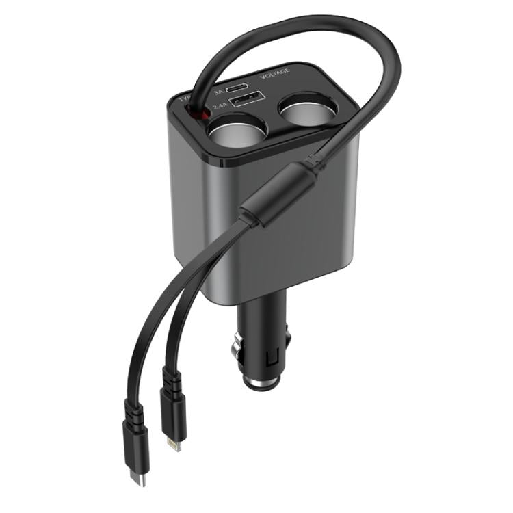 120W 1 To 2 Retractable USB Car Fast Charging Charger With Cigarette Lighter(8 Pin+TYPE-C) - Car Charger by buy2fix | Online Shopping UK | buy2fix