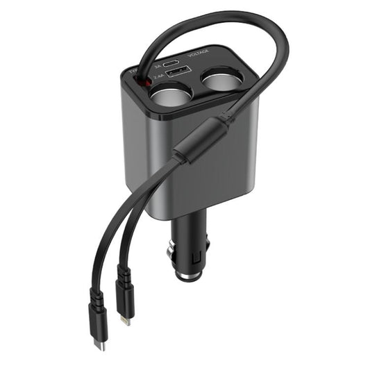 120W 1 To 2 Retractable USB Car Fast Charging Charger With Cigarette Lighter(8 Pin+TYPE-C) - Car Charger by buy2fix | Online Shopping UK | buy2fix