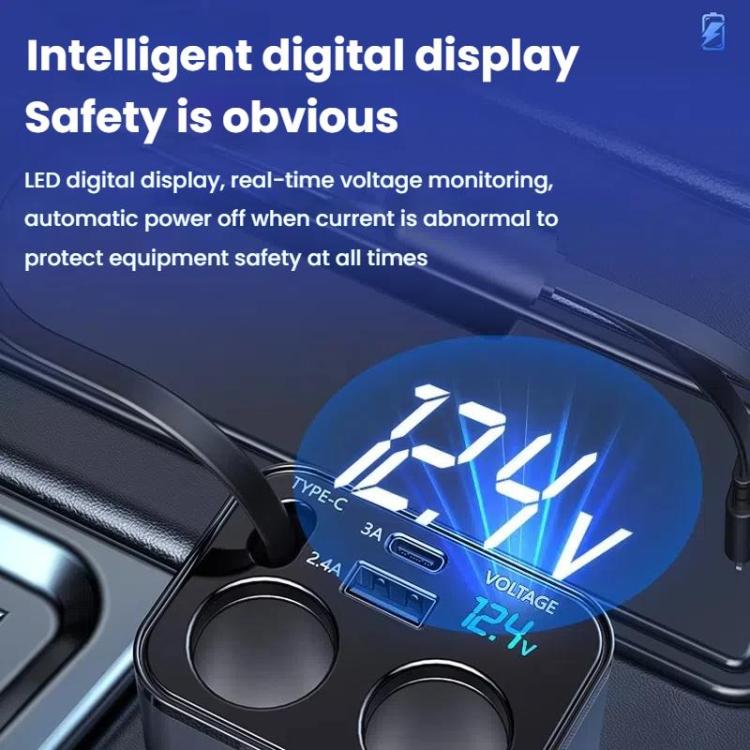 120W 1 To 2 Retractable USB Car Fast Charging Charger With Cigarette Lighter(8 Pin+TYPE-C) - Car Charger by buy2fix | Online Shopping UK | buy2fix