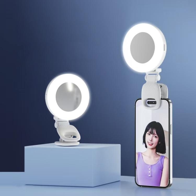 Clip-On Selfie Ring Light with Mirror Rechargeable Portable Makeup Light 3 Adjustable Color Temperatures(White) - Selfie Light by buy2fix | Online Shopping UK | buy2fix