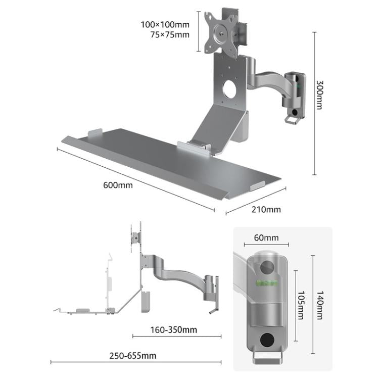 Monitor Bracket Industrial Equipment Cabinet Wall Mount All-In-One Stand Mouse Keyboard Bracket, Style: WKS-1 21x60cm Tray Silver - Host Bracket by buy2fix | Online Shopping UK | buy2fix