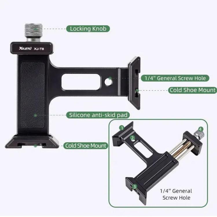 XILETU  XJ-T8 Metal Phone Holder Clamp With Cold Shoe 1/4-inch Screw Hole & Arca-Swiss Compatible Base(Black) - Lens & Accessories by XILETU | Online Shopping UK | buy2fix
